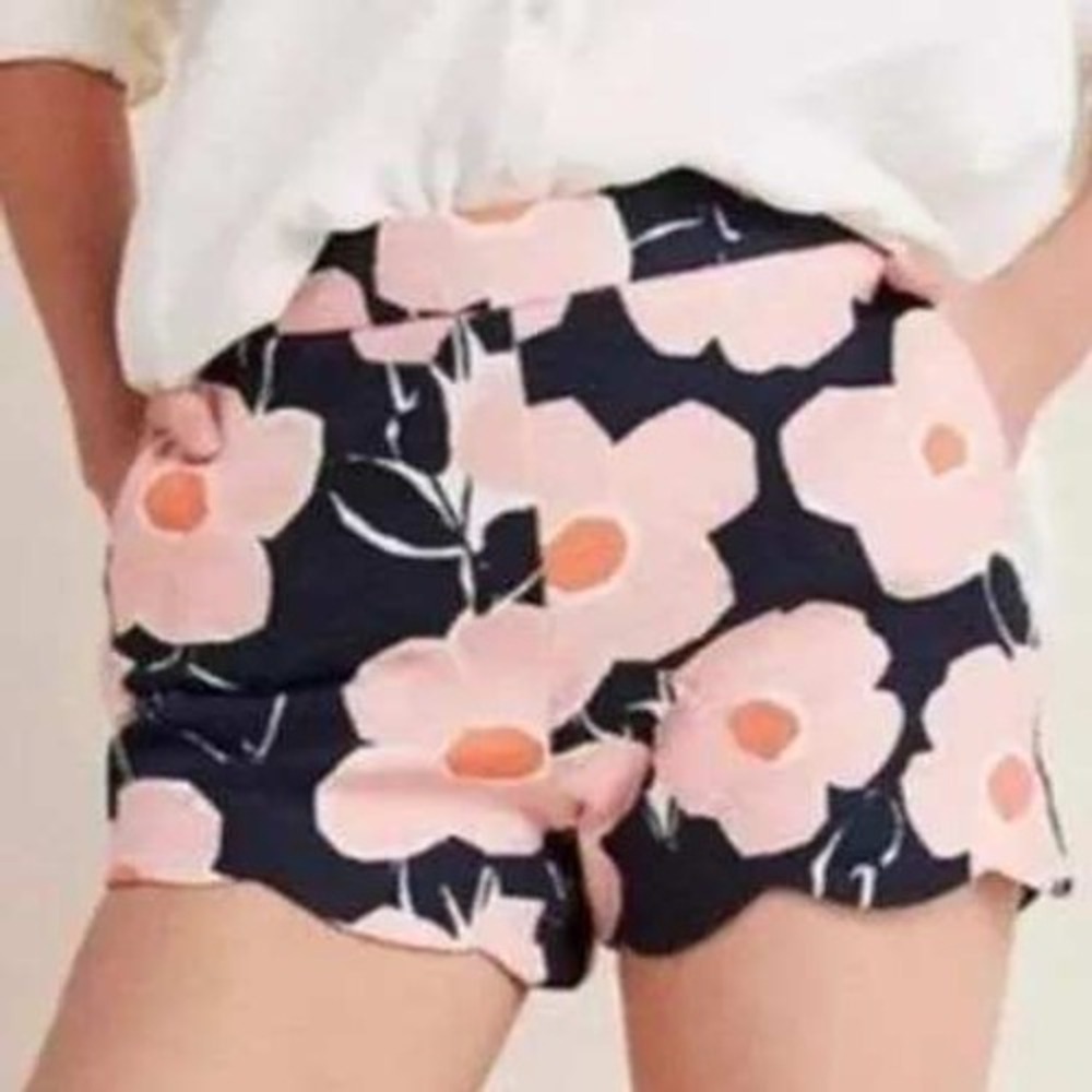 Anthropologie Women Shorts 2 Navy Pink Floral Scalloped Hem High Rise Summer